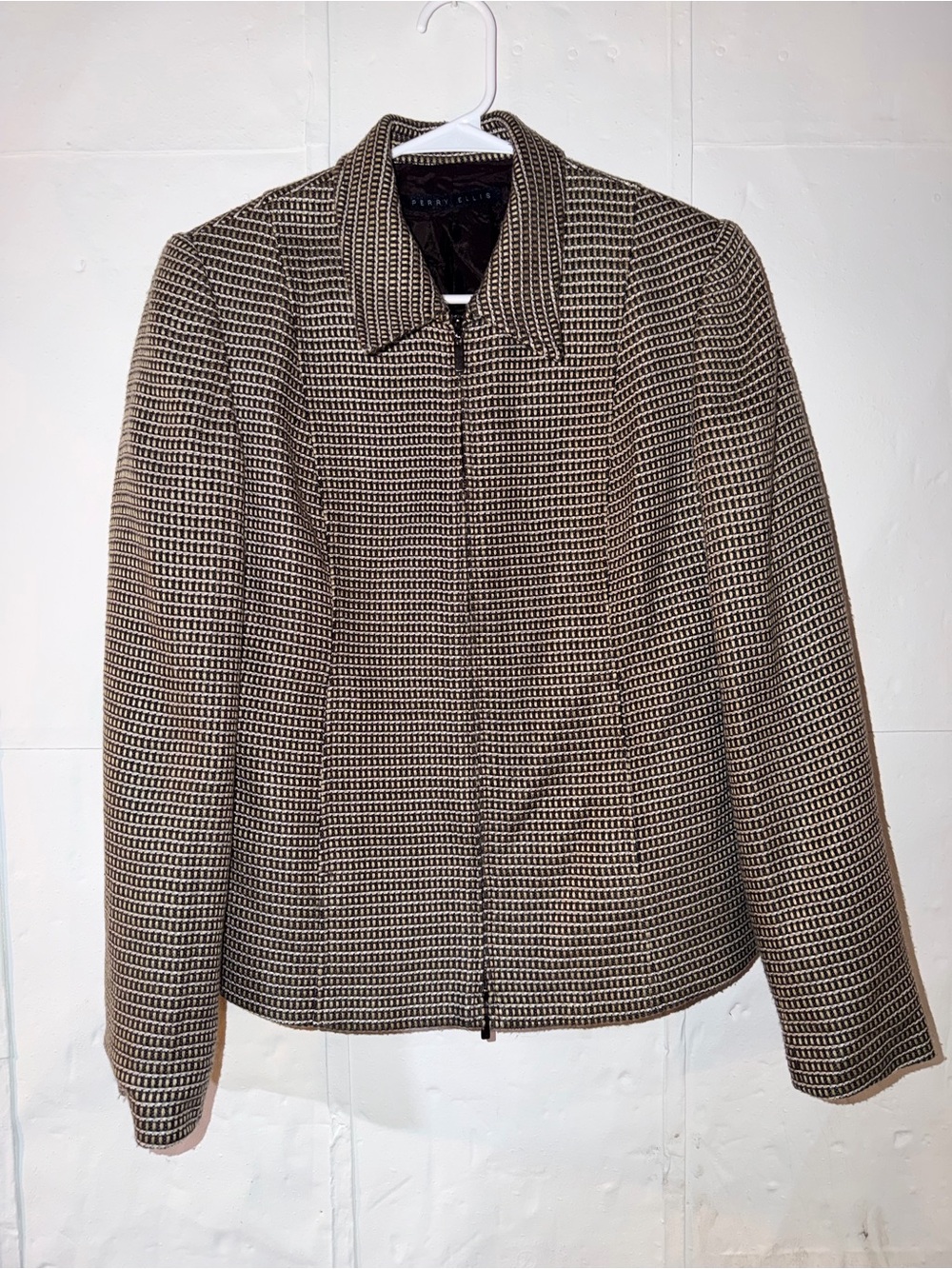 Perry Ellis Brown & Black size 10 Patterned Zip Jacket Preppy office siren